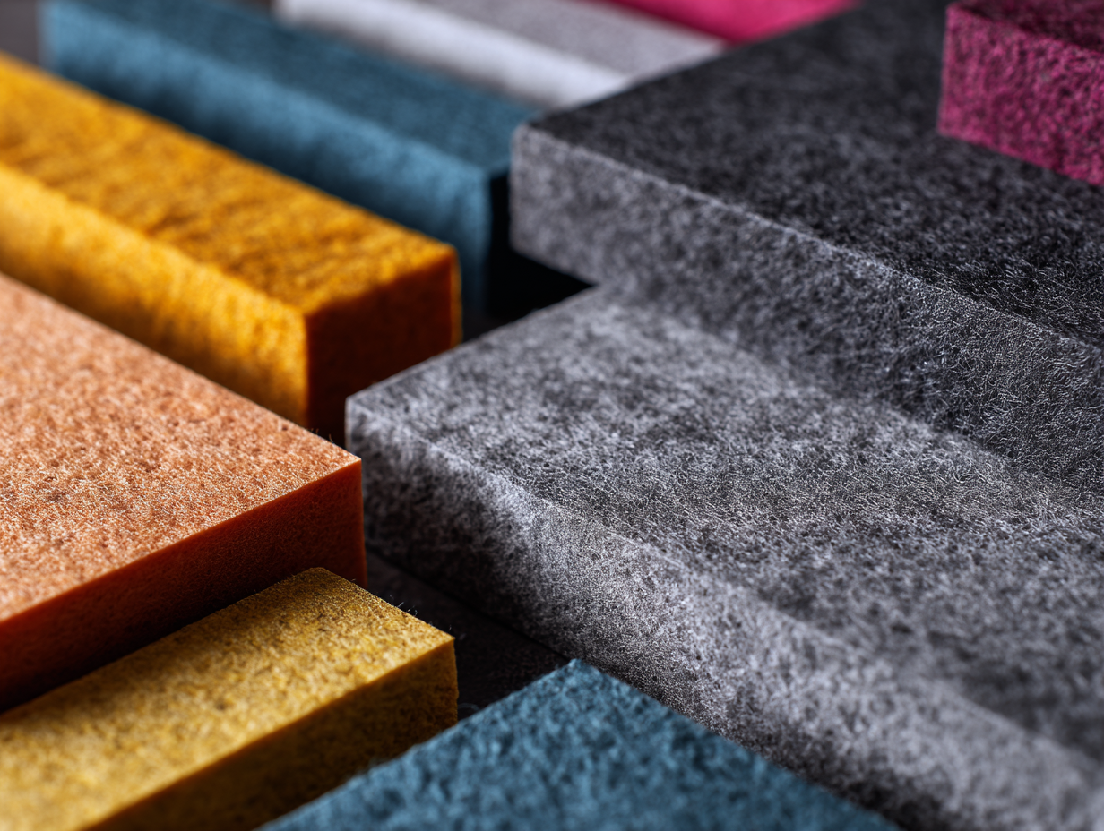 Flat lay of premium soundproofing materials: acoustic panels, wall insulation layers